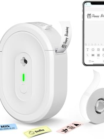 Label Maker Machine with Tape, Portable Bluetooth Label Printer, Wireless Mini Thermal Sticker Printer with Multiple Templates for Home, Kitchen, School Office, Small Business, White