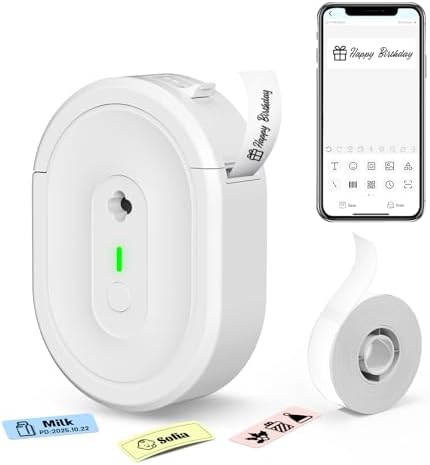 Label Maker Machine with Tape, Portable Bluetooth Label Printer, Wireless Mini Thermal Sticker Printer with Multiple Templates for Home, Kitchen, School Office, Small Business, White