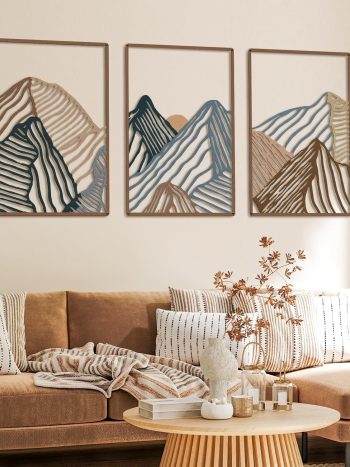 Peryiter 3 Pcs Metal Wall Art Decor Landscape Mountain Wall Hanging Decor for Living Room Abstract Minimalist Modern Mountain Line Pictures Summer Bathroom Office Home Gifts Indoor(Vibrant Colors)